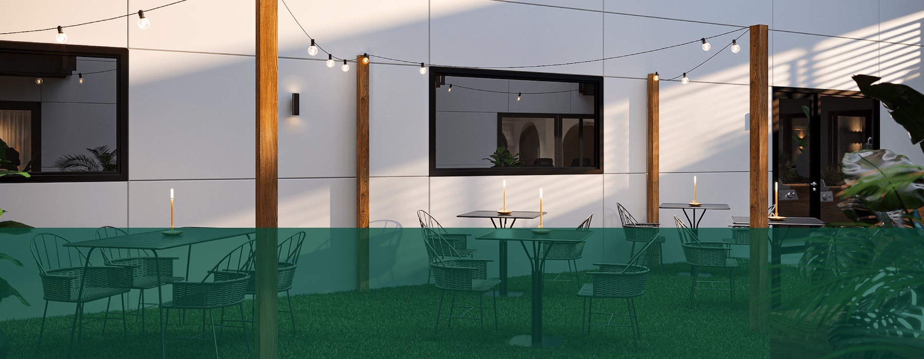 rendering of outside lounge with string lights and spacious seating